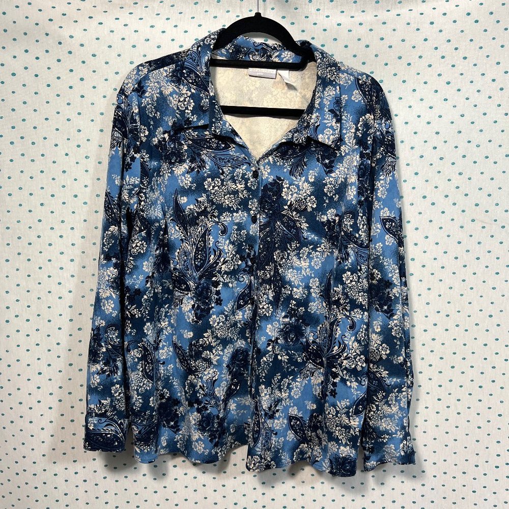 Cascade Blue Petite Blue & Cream Floral Paisley Print Long Sleeve Button Down